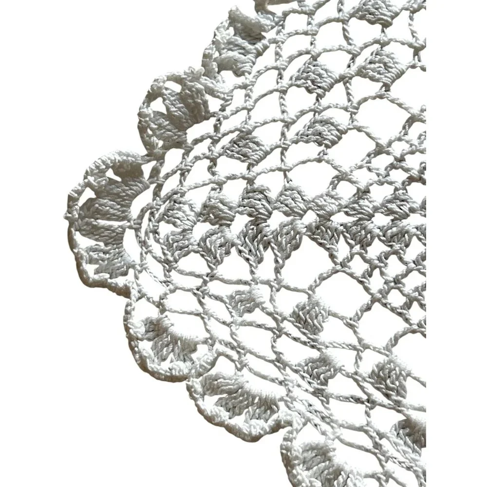 Hand-Crocheted White Lace Table Runner Dresser Scarf Shawl 51x17 Granny core VTG